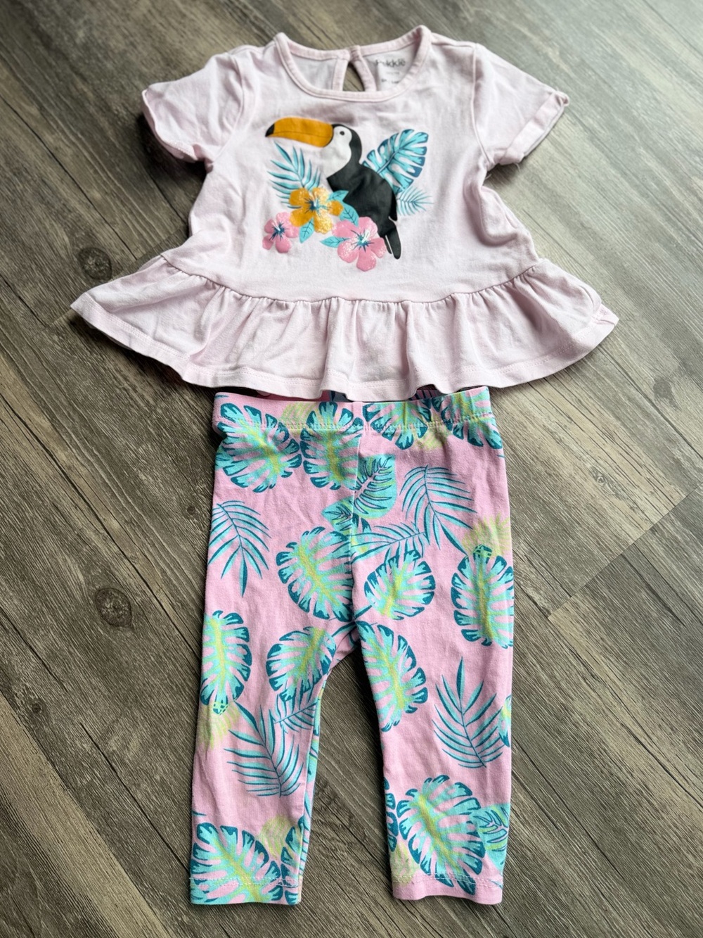 PekkIe Pink Tropical Baby Set - Toucan Peplum Top & Matching Leggings 6M